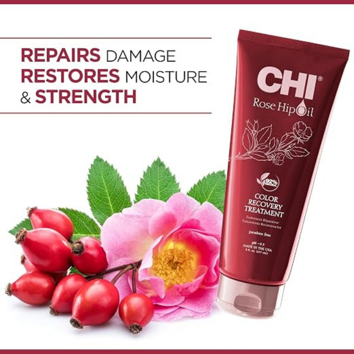 Refect Beauty CHI Rose Hip Oil Recovery Treatment in a red tube with rose hip berries and a pink flower