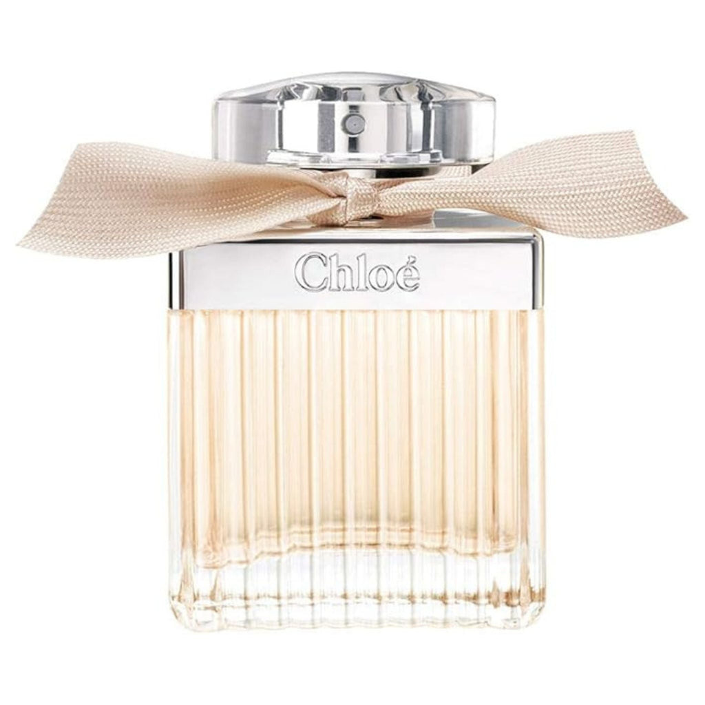 Refect Beauty Chloé Eau de Parfum in a pleated glass bottle with a beige ribbon, featuring a fresh floral rose scent.