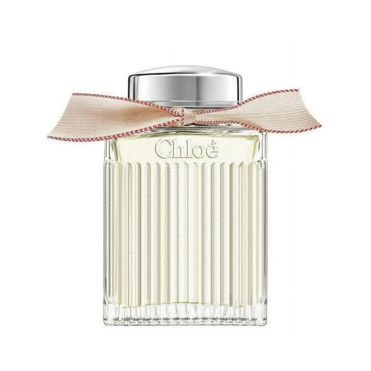 Refect Beauty Chloe Lumineuse Eau de Parfum in a signature pleated glass bottle with a beige ribbon and silver cap.