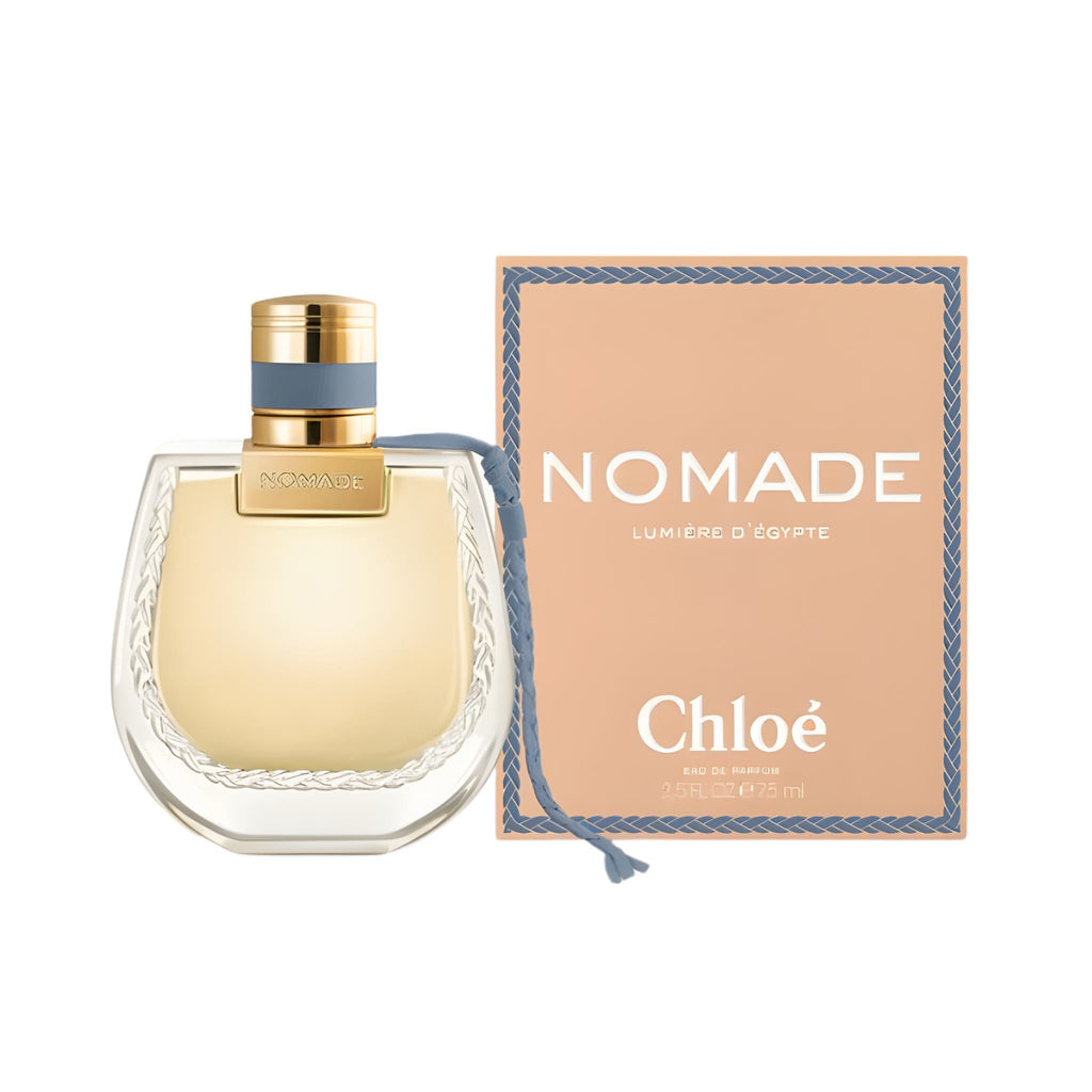 Refect Beauty Chloe Nomade Lumiere D'Egypte perfume bottle and peach-toned box with blue braided cord detail