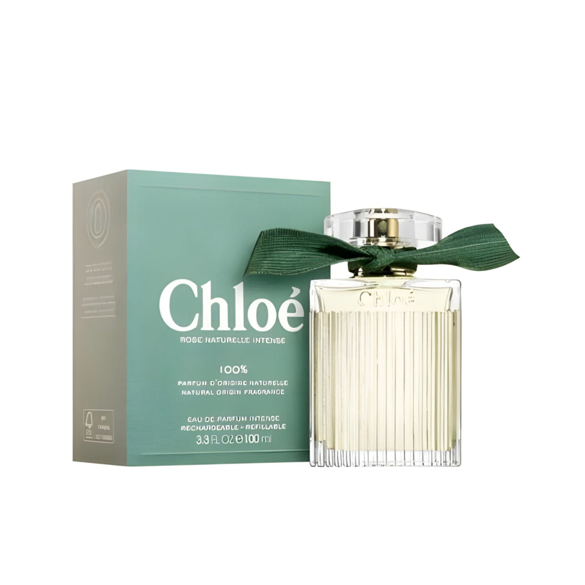 Refect Beauty Chloe Rose Naturelle Intense perfume bottle with green ribbon next to its matching teal box packaging