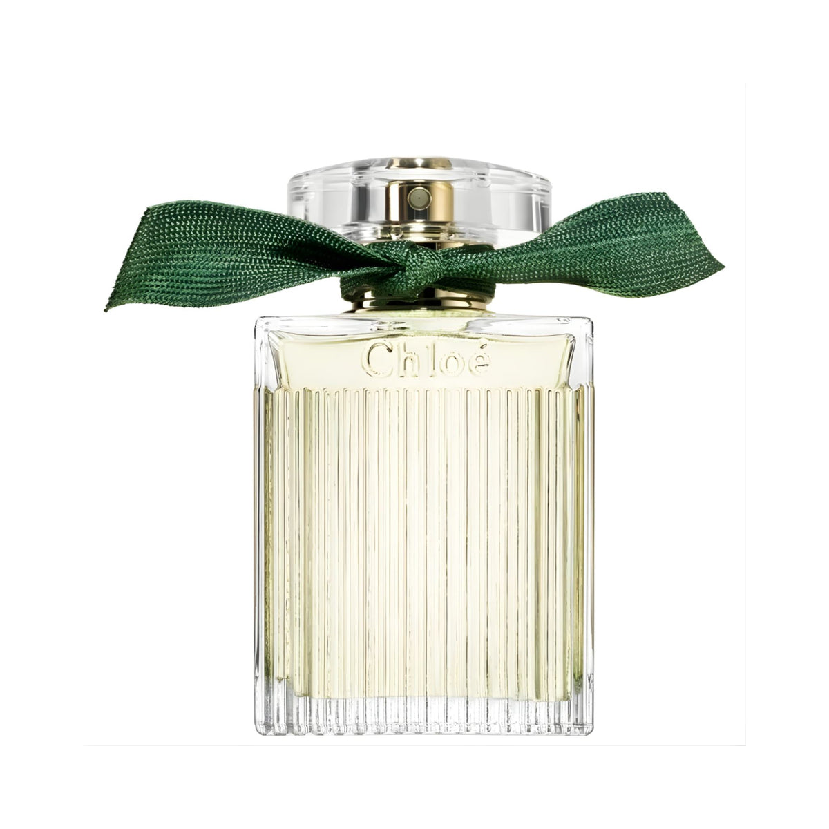 Refect Beauty Chloe Rose Naturelle Intense perfume bottle with pleated glass and a green ribbon tied at the neck
