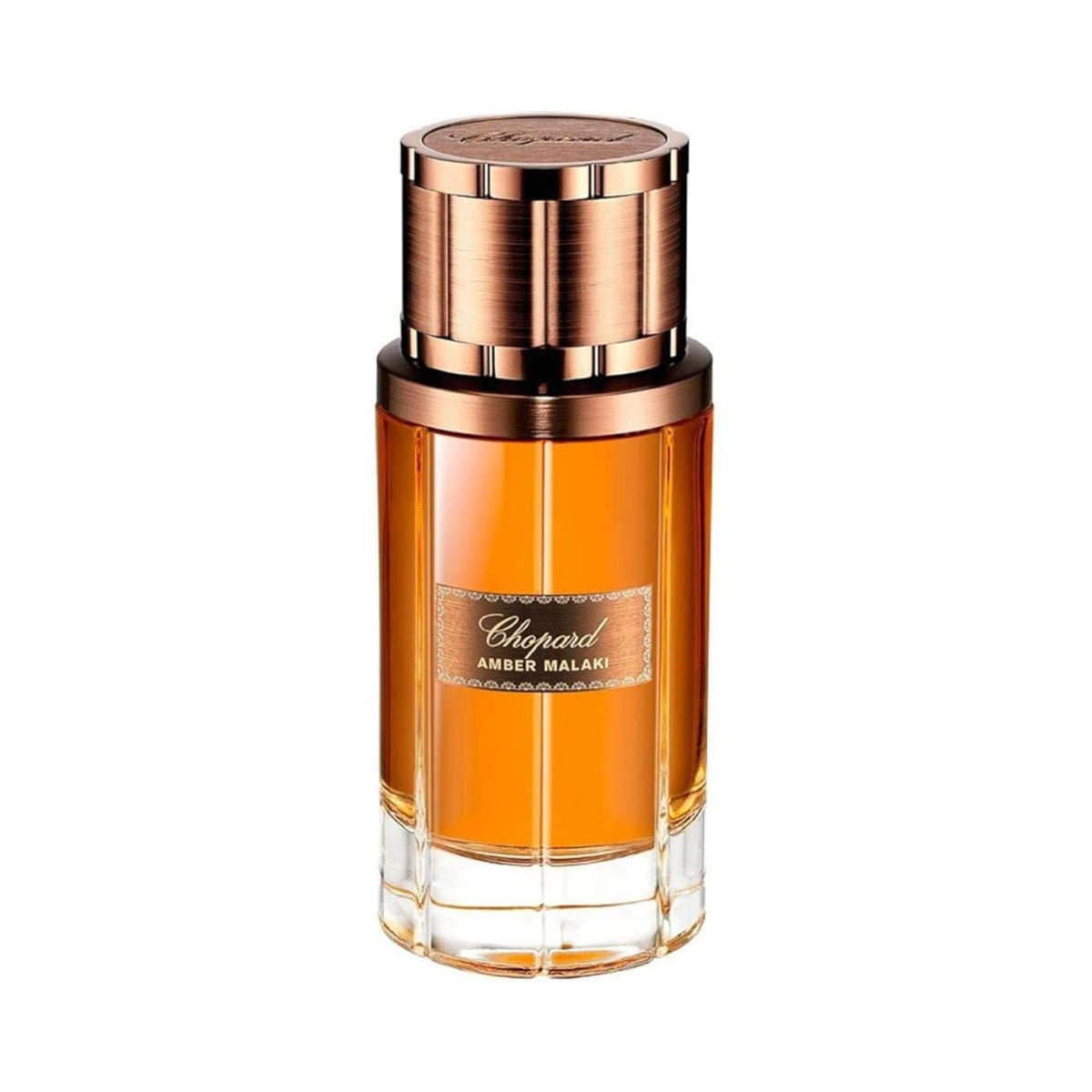 Refect Beauty Chopard Amber Malaki Eau de Parfum in a cylindrical glass bottle with a metallic bronze cap.