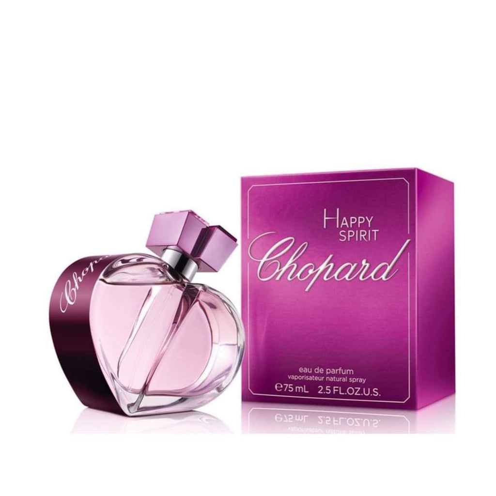 Refect Beauty Chopard Happy Spirit Eau de Parfum in a heart-shaped glass bottle next to its purple branded box.