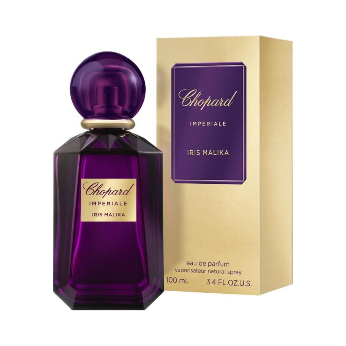 Refect Beauty Chopard Imperiale Iris Malika eau de parfum in a deep purple glass bottle with a matching round cap.