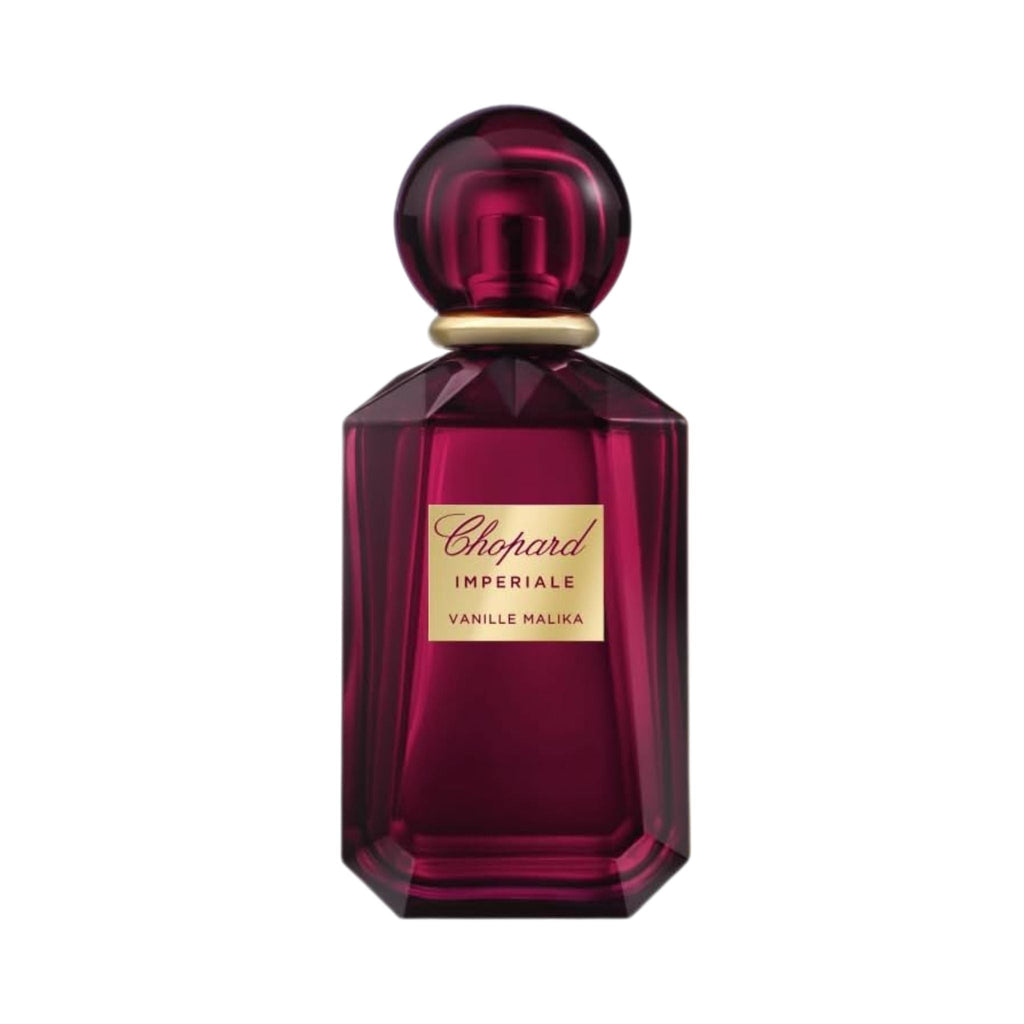 Refect Beauty Chopard Imperiale Vanille Malika perfume in a deep burgundy faceted glass bottle with a gold label.