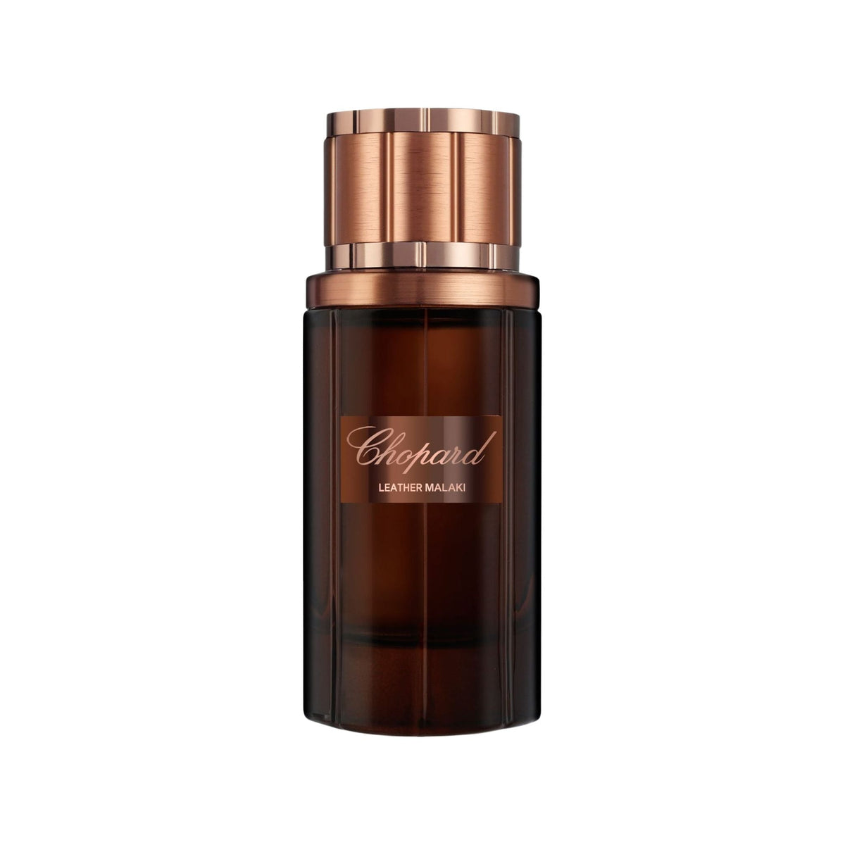 Refect Beauty Chopard Leather Malaki eau de parfum in a dark brown glass bottle with a metallic bronze cap