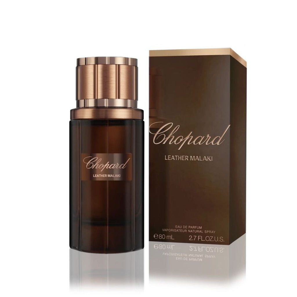 Refect Beauty Chopard Leather Malaki Eau de Parfum bottle and box with dark brown glass and metallic bronze cap