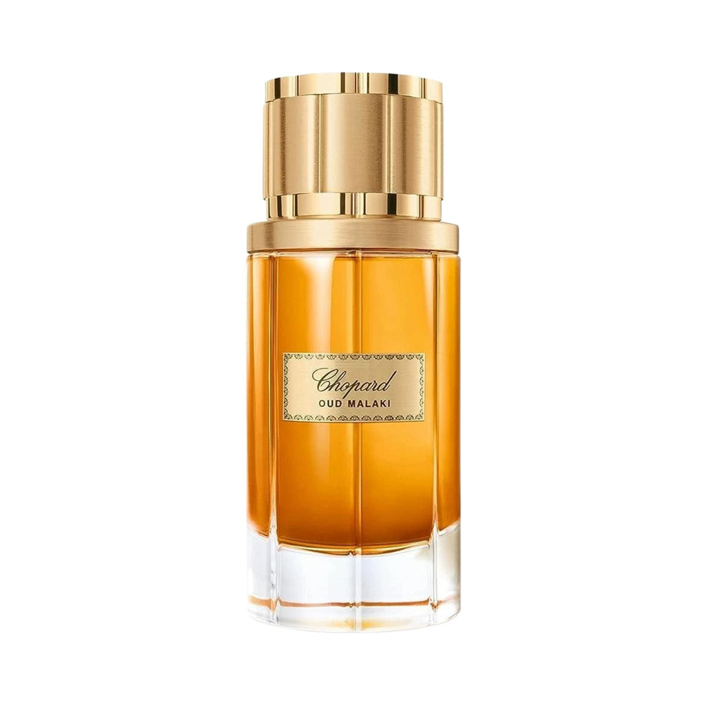 Refect Beauty Chopard Oud Malaki Eau de Parfum in a cylindrical glass bottle with a metallic gold cap.