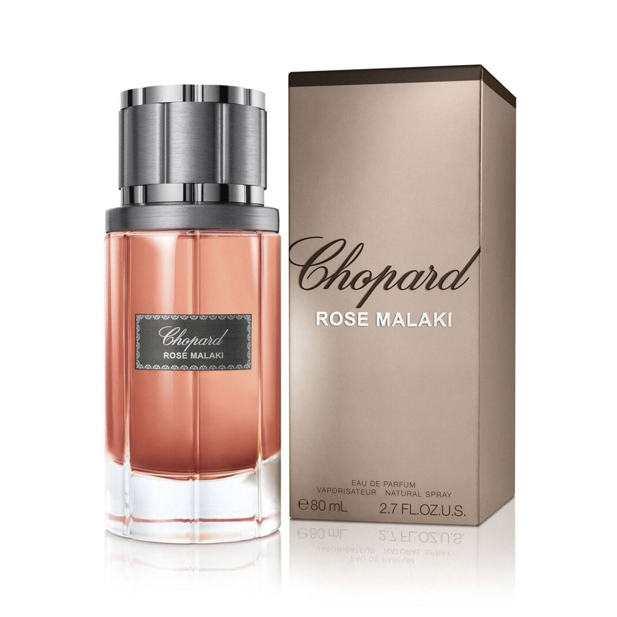 Refect Beauty Chopard Rose Malaki Eau de Parfum bottle and box featuring a rose-tinted glass and metallic cap.