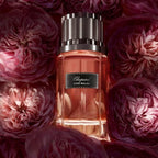 Refect Beauty Chopard Rose Malaki perfume bottle surrounded by lush dark pink roses in a luxurious, moody setting.