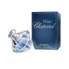 Refect Beauty Chopard Wish Eau de Parfum in a diamond-shaped blue glass bottle next to its dark blue product box.