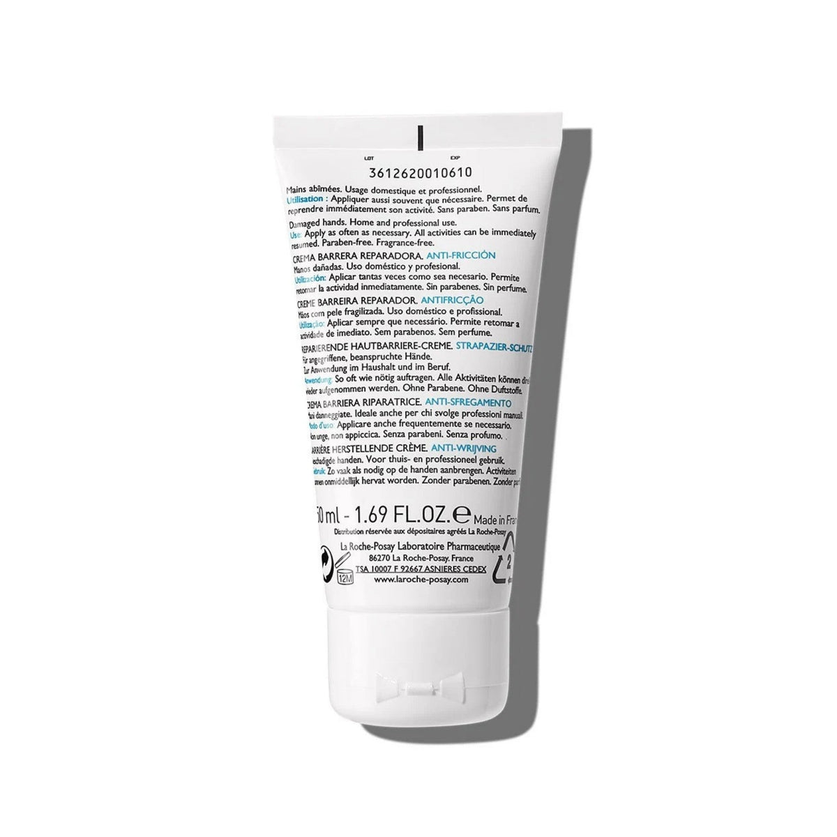 Refect Beauty La Roche Posay Cicaplast hand cream tube showing back label details for dry and damaged skin repair.