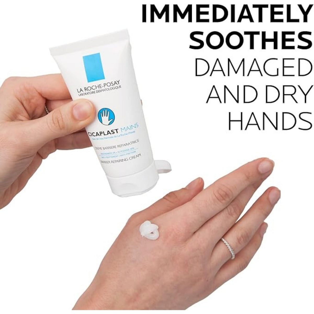 Refect Beauty La Roche Posay Cicaplast hand cream being applied to dry skin from a white squeeze tube
