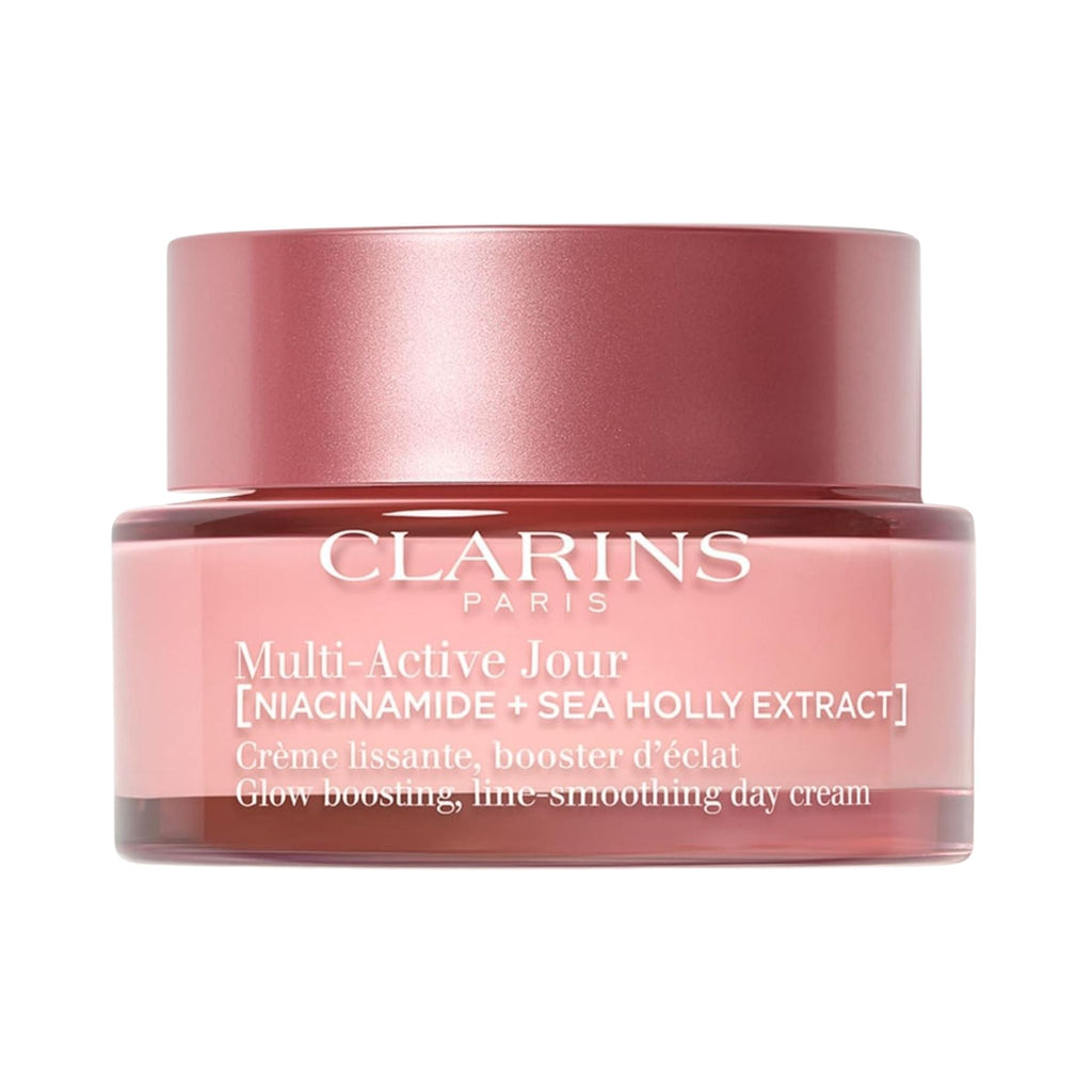 Refect Beauty Clarins Multi-Active Jour day cream jar for dry skin in a pink glass container.