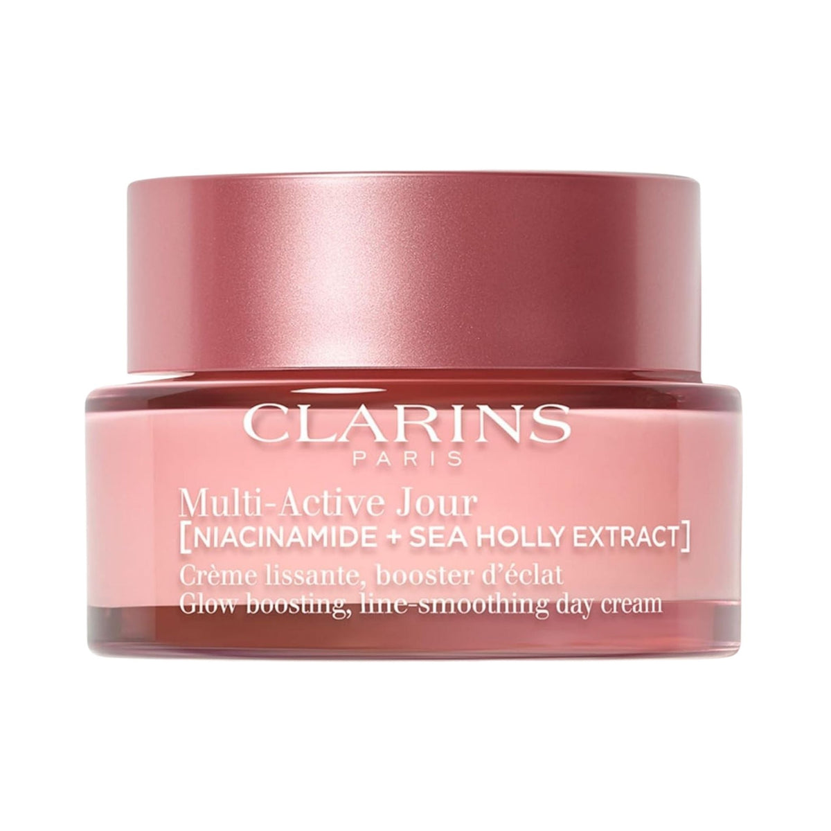Refect Beauty Clarins Multi-Active Jour day cream jar for dry skin in a pink glass container.