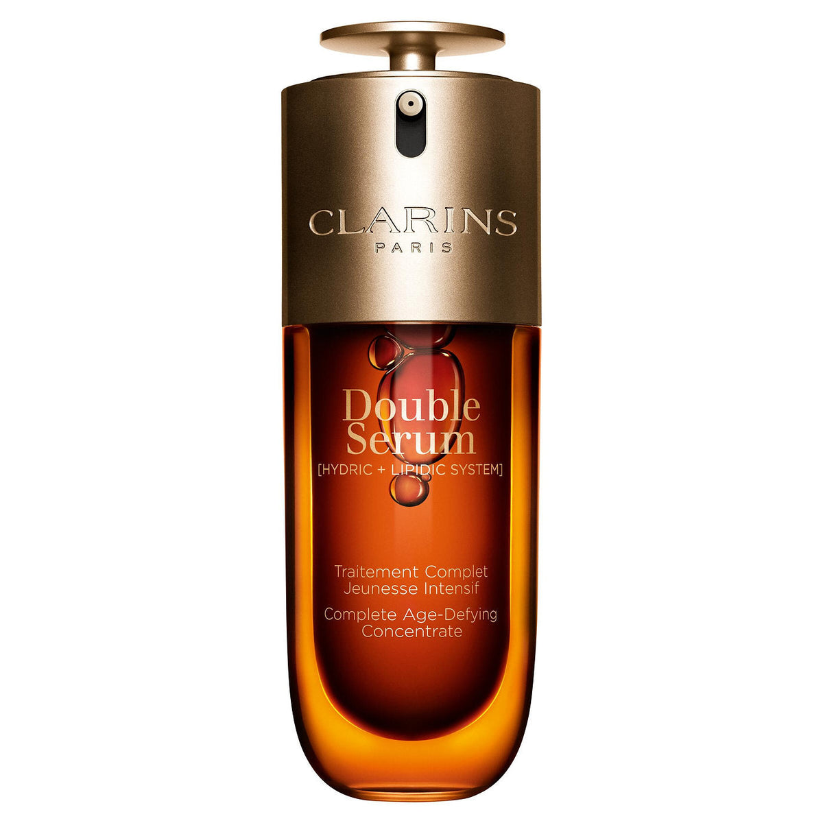 Refect Beauty Clarins Double Serum anti-ageing concentrate in a dual-chamber pump bottle with a gold cap.