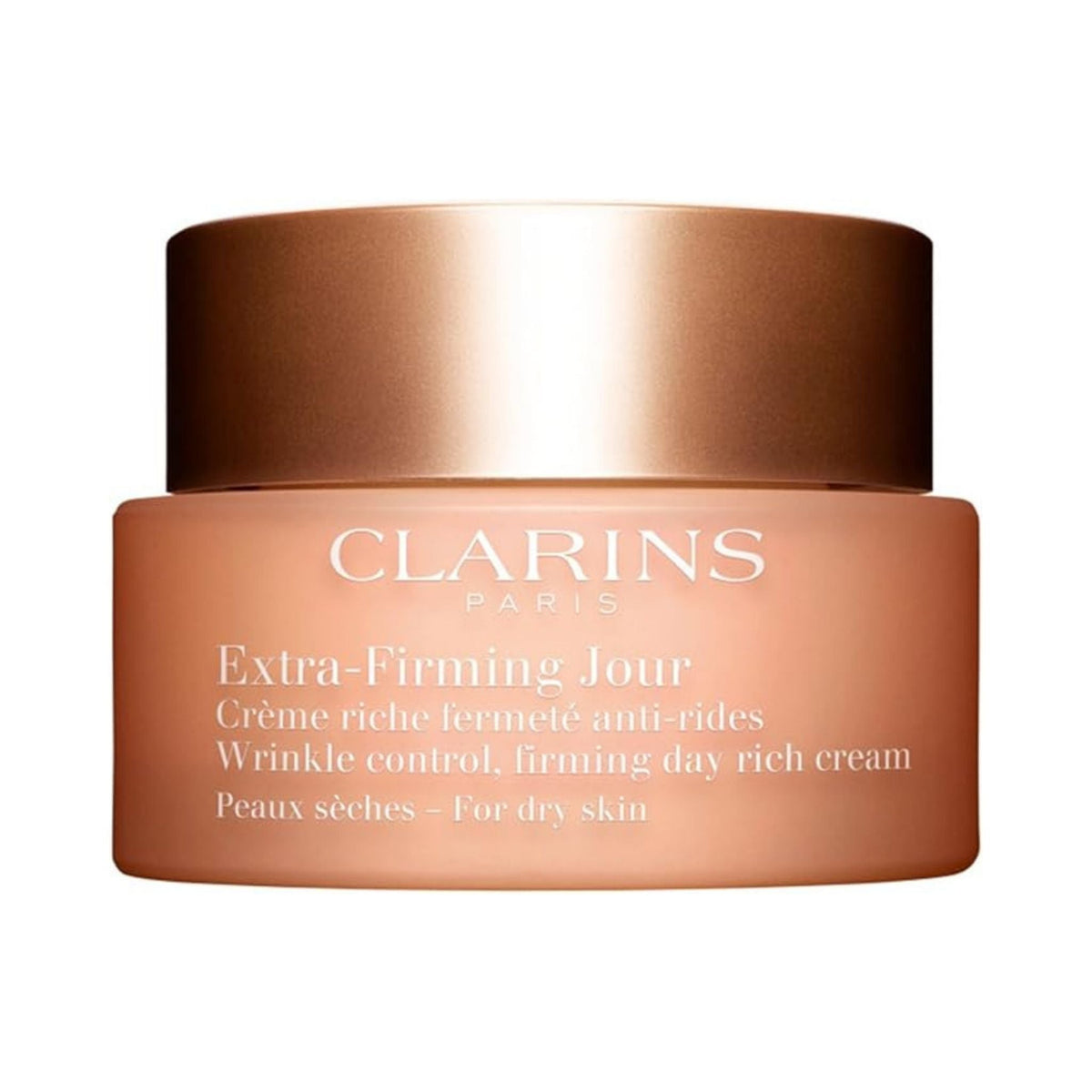 Refect Beauty Clarins Extra Firming Jour Day Rich Cream for dry skin in a peach-toned jar with a metallic bronze lid.