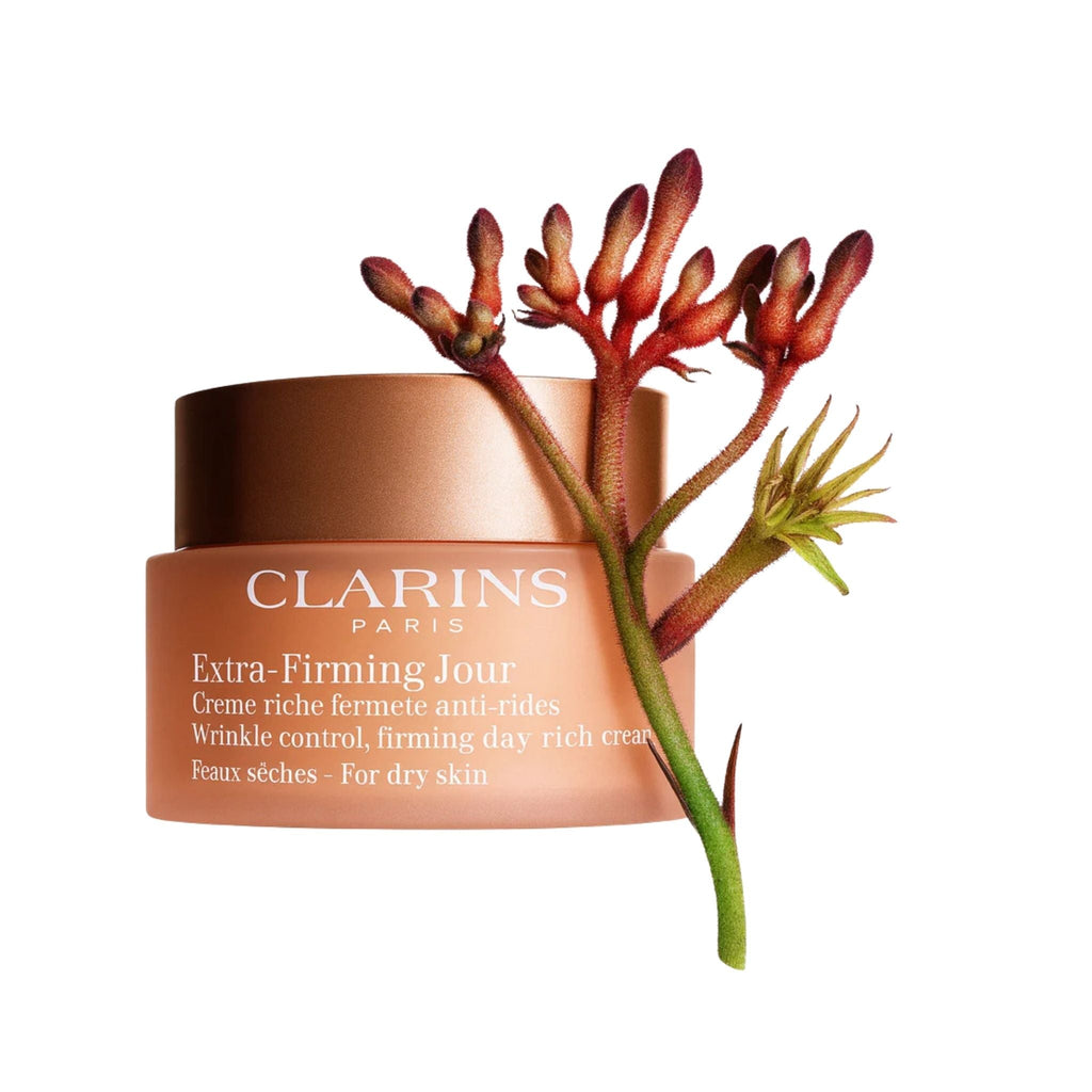 Refect Beauty Clarins Extra-Firming Jour rich day cream for dry skin in a peach jar with a kangaroo paw flower