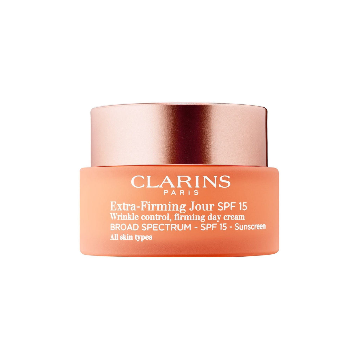 Refect Beauty Clarins Extra-Firming & Smoothing Day Cream with SPF 15 in a peach-colored jar with a metallic lid.