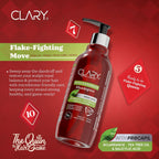 Refect Beauty Clary anti-dandruff shampoo bottle with tea tree oil and salicylic acid on a red background