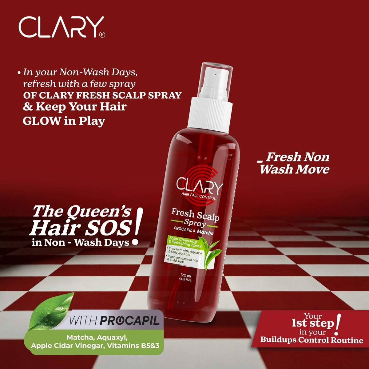 Refect Beauty Clary Fresh Scalp Spray bottle on a red and white checkered surface with botanical accents.