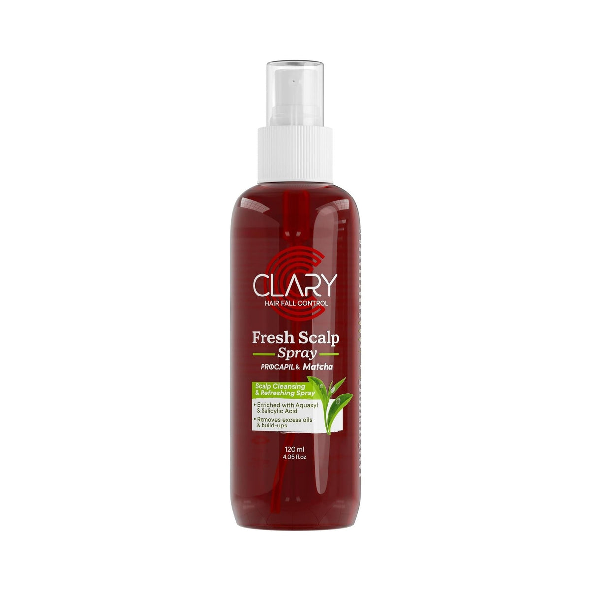 Refect Beauty Clary Fresh Scalp Spray in a dark red bottle with a white spray nozzle for hair and scalp care