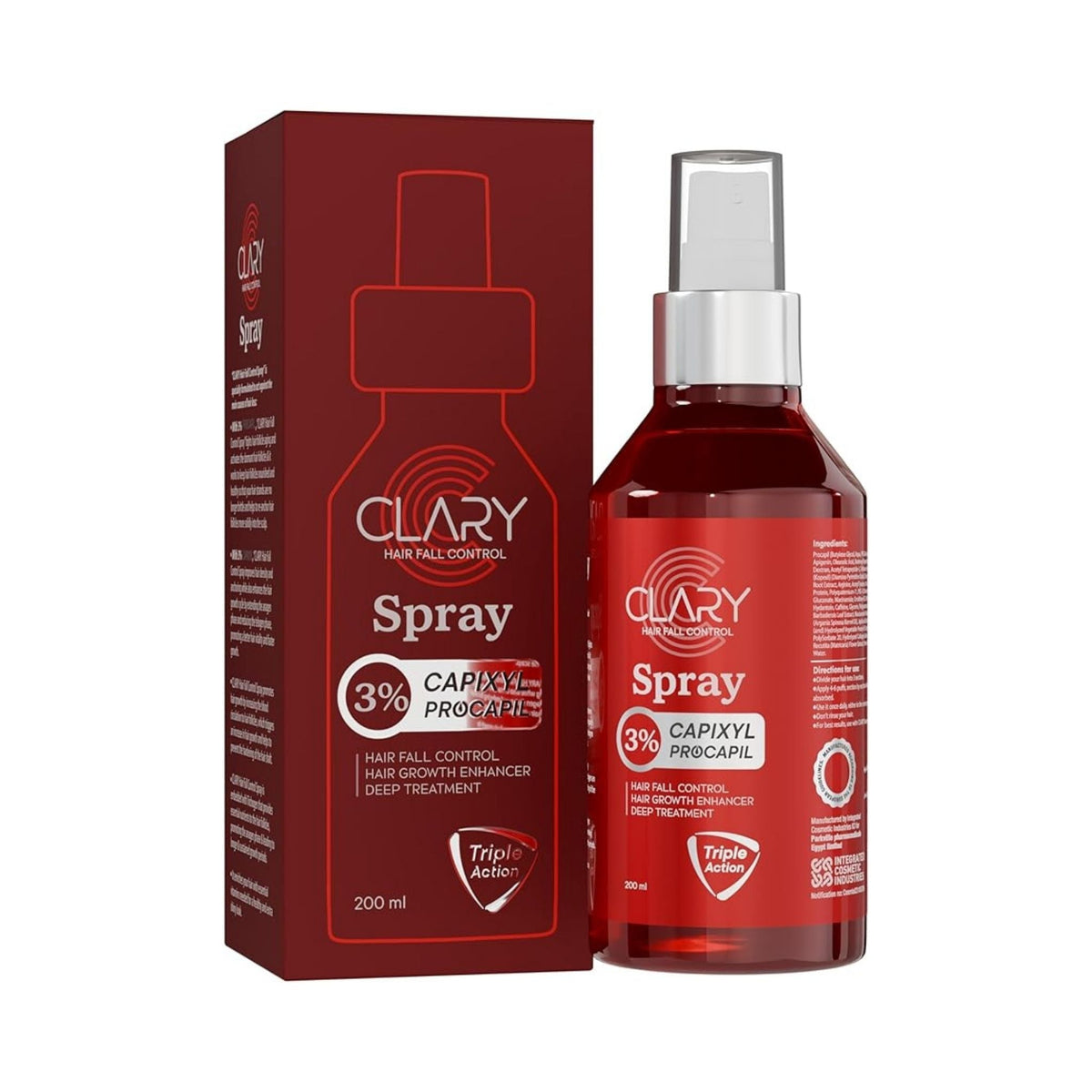Refect Beauty Clary hair fall control spray bottle and packaging box in deep red with white text