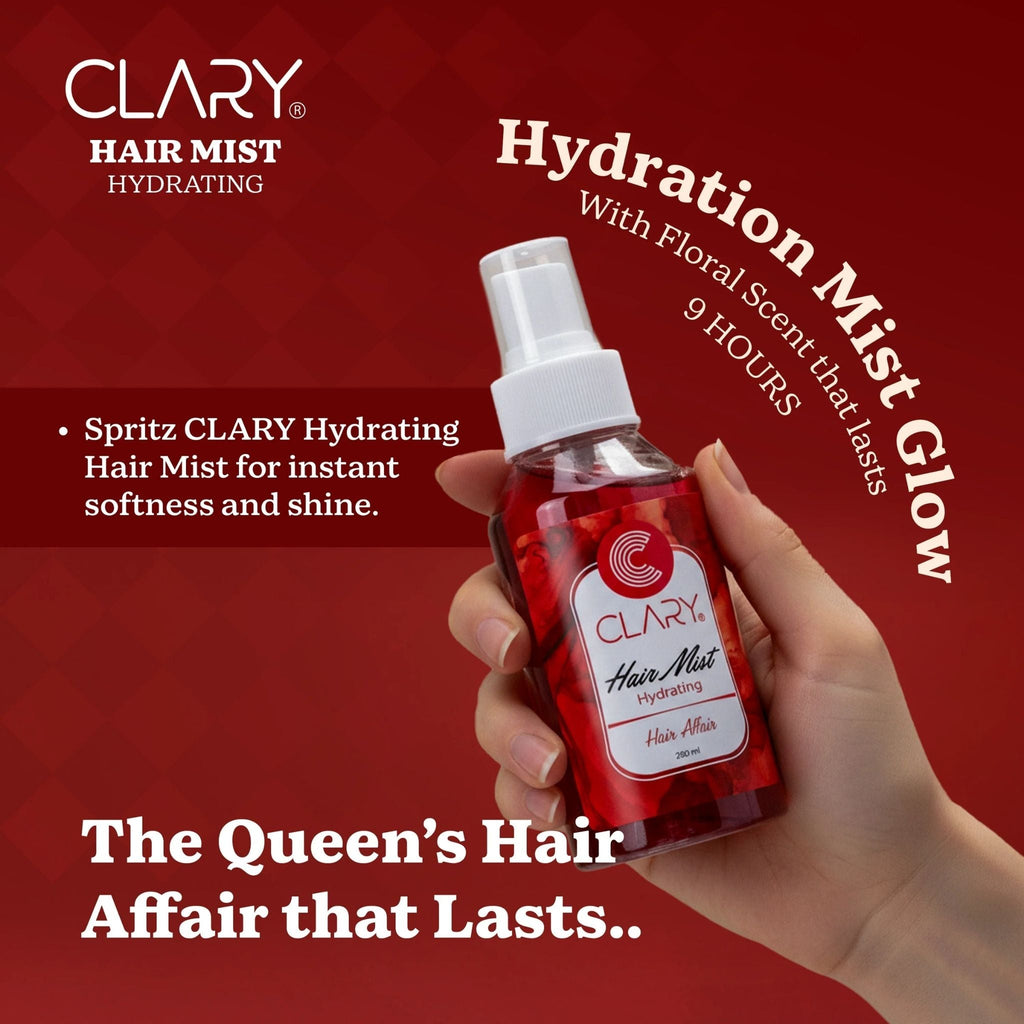 Refect Beauty Clary hydrating hair mist spray bottle held in hand, featuring a red floral design and spray nozzle.