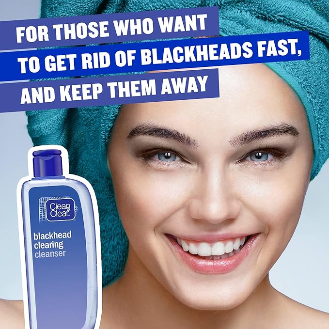 Refect Beauty Clean & Clear Blackhead Clearing Cleanser next to a smiling woman with a teal towel wrapped on her head