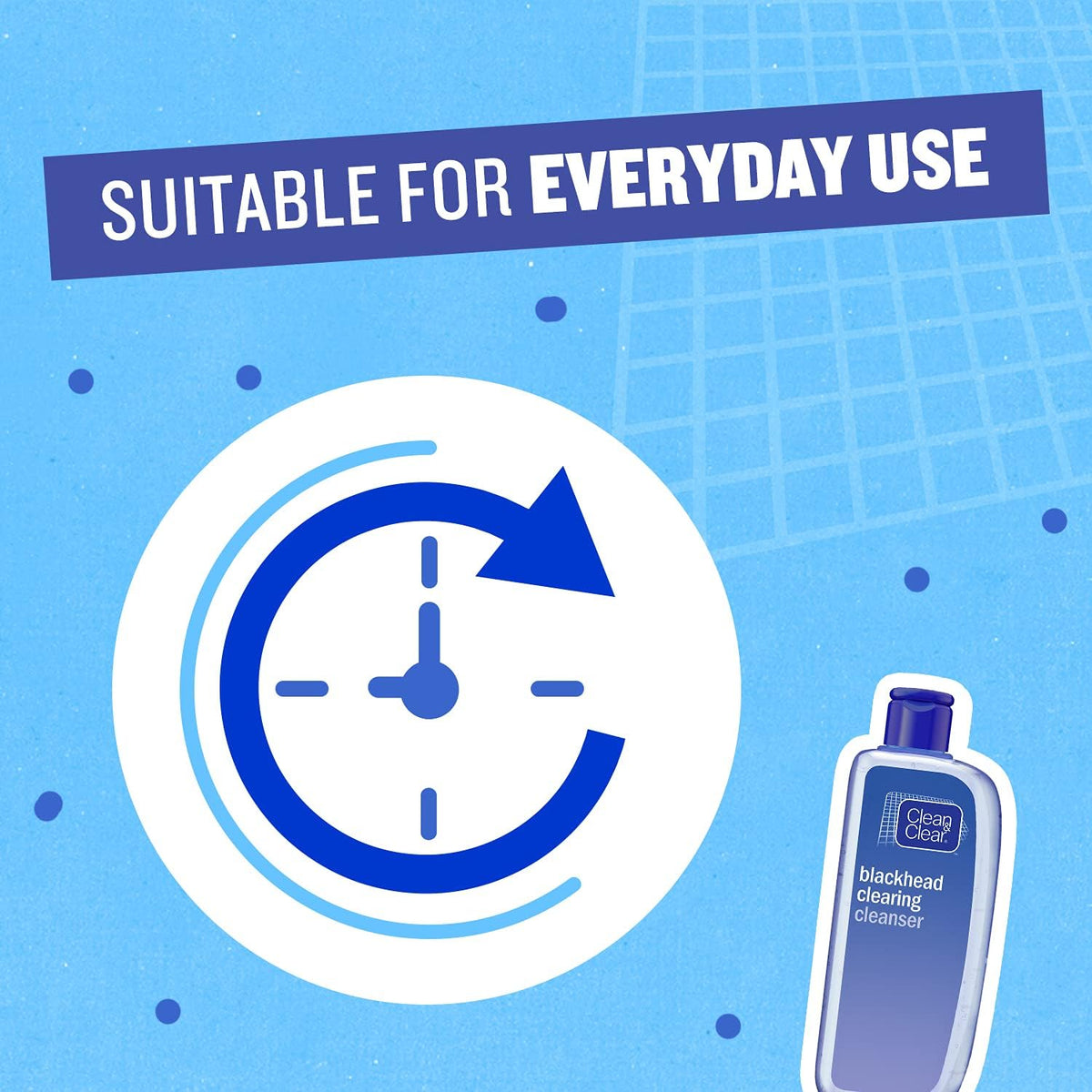 Refect Beauty Clean & Clear Blackhead Clearing Cleanser bottle on a blue background with a daily use clock icon.