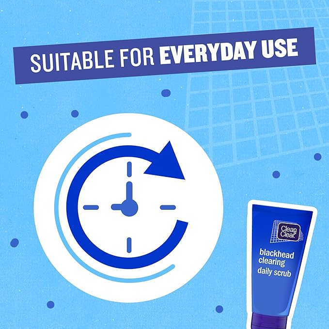 Refect Beauty Clean & Clear Blackhead Clearing Daily Scrub tube on a blue background with a daily use clock icon