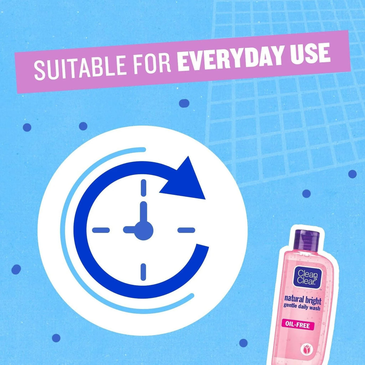 Refect Beauty Clean & Clear Natural Bright Daily Wash bottle with a clock icon indicating suitability for daily use.