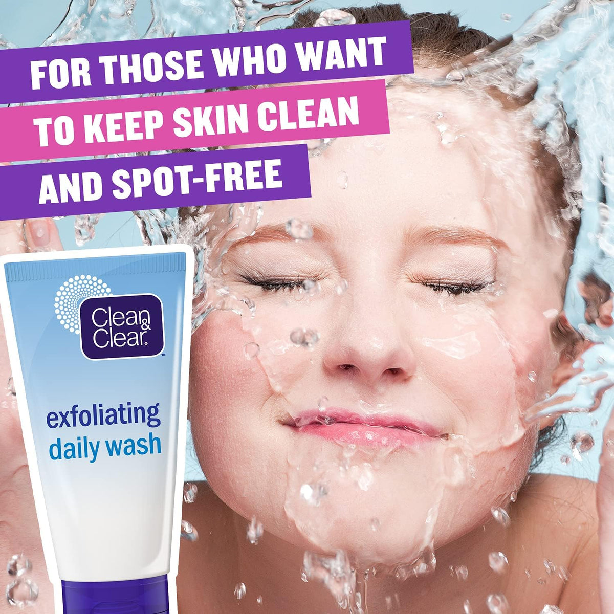 Refect Beauty Clean & Clear Exfoliating Daily Wash tube next to a woman splashing water on her face for clean skin.