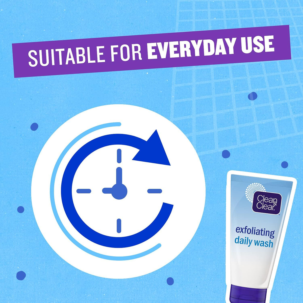 Refect Beauty Clean & Clear Exfoliating Daily Wash tube on a blue background with a daily use clock icon.