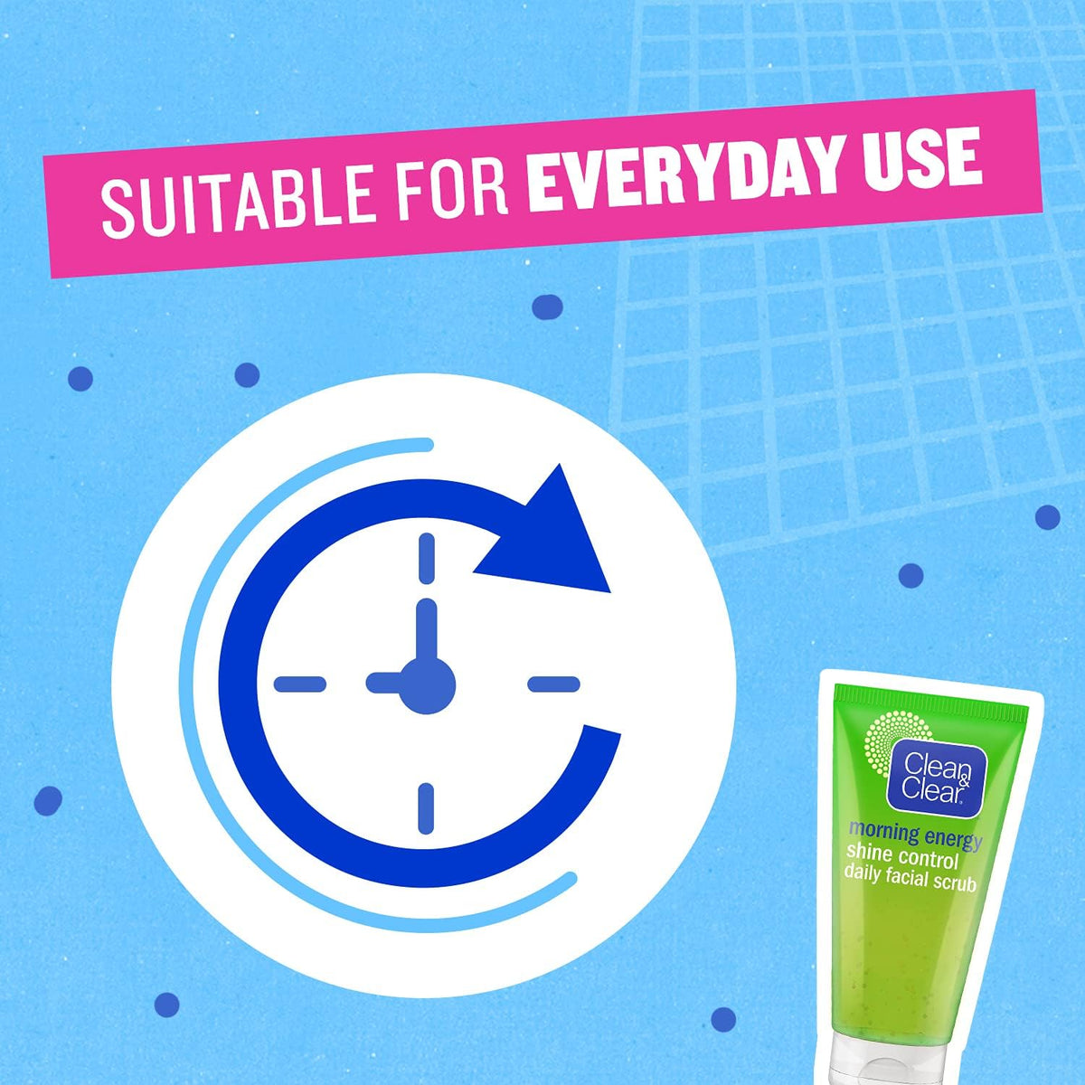 Refect Beauty Clean & Clear Shine Control Daily Facial Scrub tube with a clock icon indicating everyday use