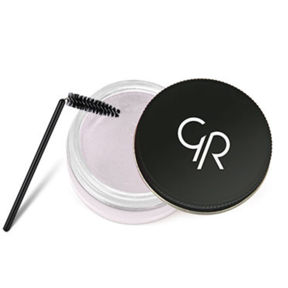 Refect Beauty Golden Rose clear eyebrow shaper wax in a glass jar with a black spoolie brush for grooming brows
