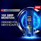 Refect Beauty Clear Men Ultra Hydro Boost hydrating anti-dandruff shampoo bottle with electric blue energy background