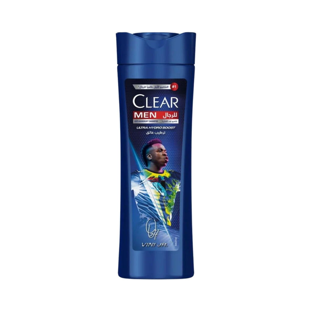 Refect Beauty Clear Men Ultra Hydro Boost anti-dandruff shampoo bottle featuring Vini Jr. on a blue background.