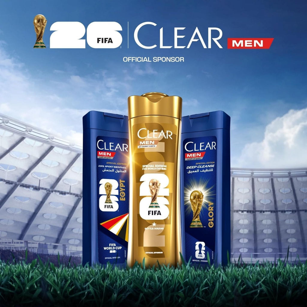 Refect Beauty Clear Men's Deep Cleanse FIFA Glory edition shampoo bottles on a soccer field background.