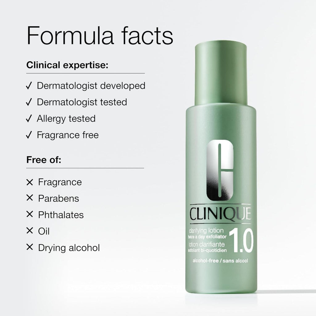 Refect Beauty Clinique Clarifying Lotion 1.0 alcohol-free exfoliating face toner bottle with formula facts list