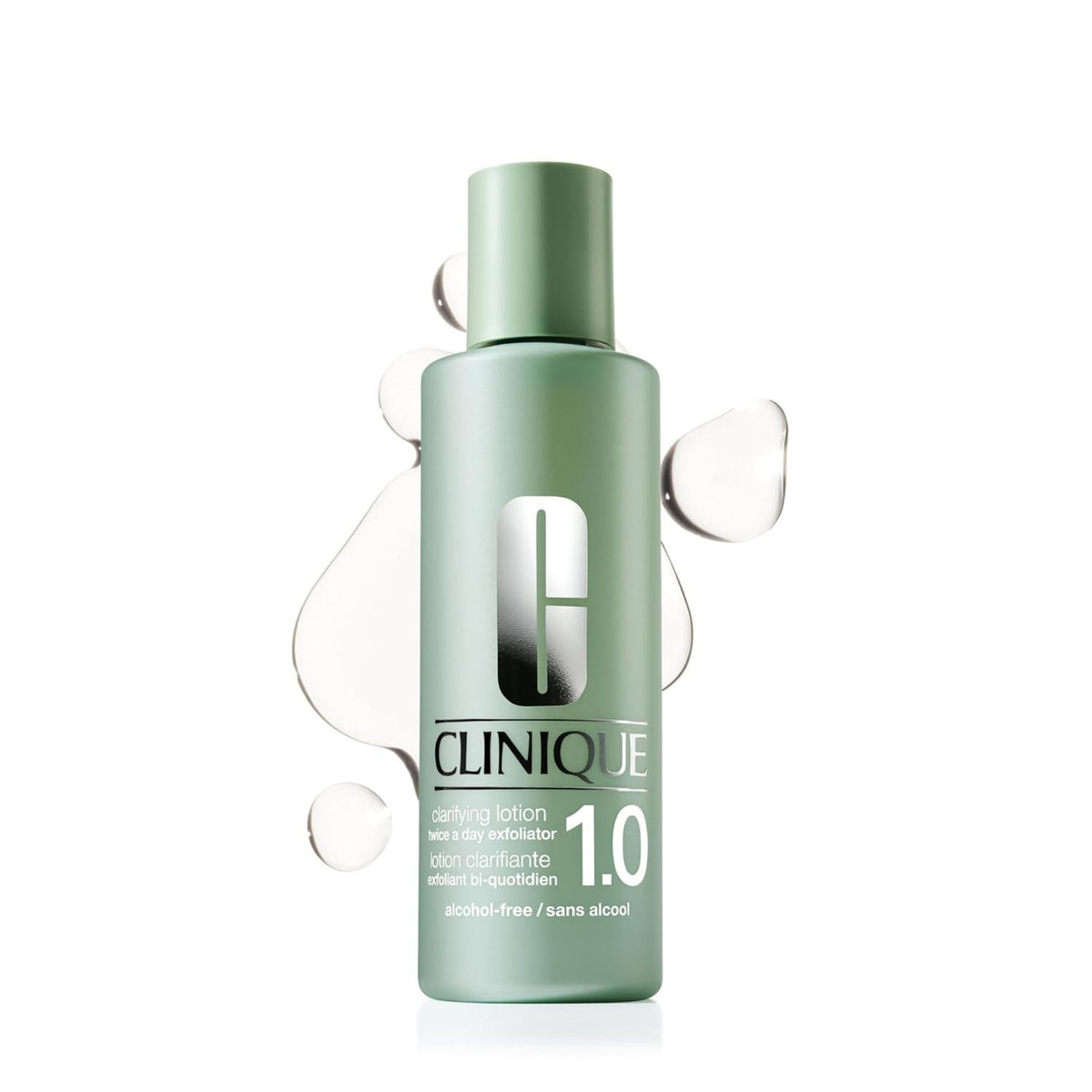 Refect Beauty Clinique Clarifying Lotion 1.0 alcohol-free exfoliating face toner in a green bottle with liquid drops.