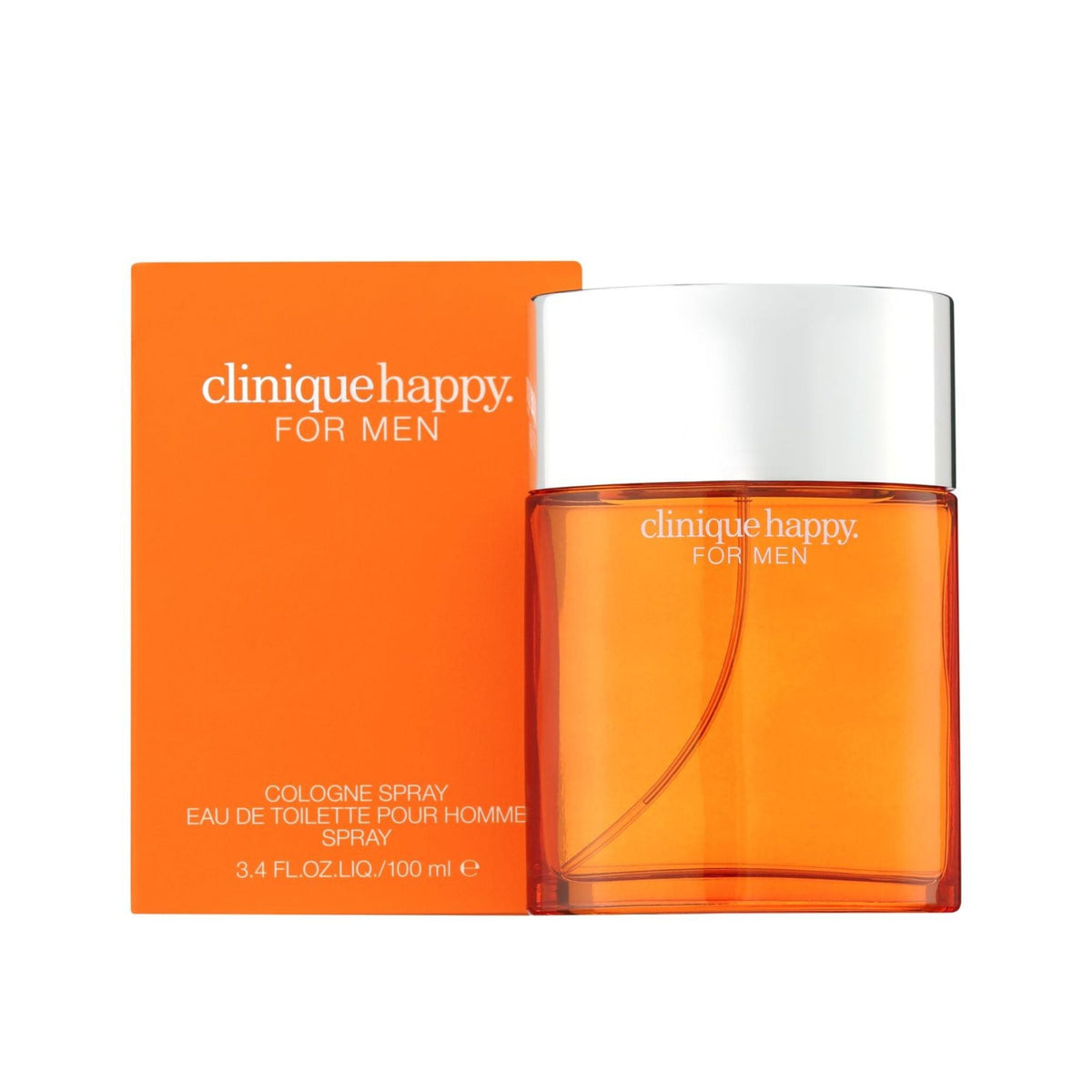 Refect Beauty Clinique Happy For Men Eau de Toilette in a bright orange glass bottle with matching orange box.