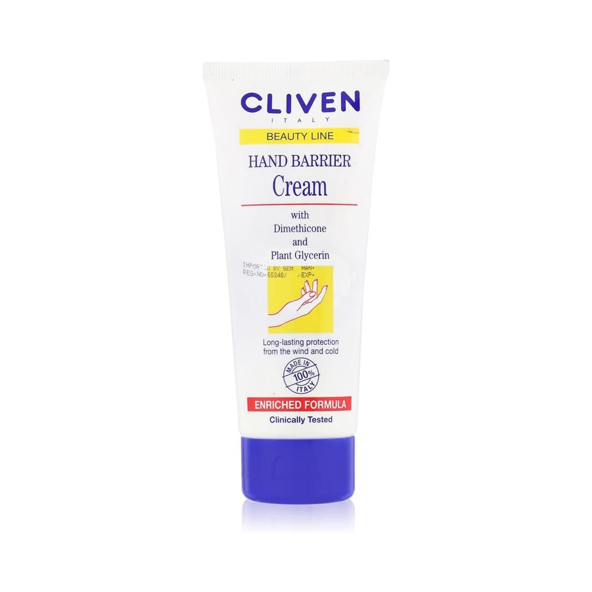 Refect Beauty Cliven moisturizing hand cream with glycerin and dimethicone in a white squeeze tube with a blue cap.