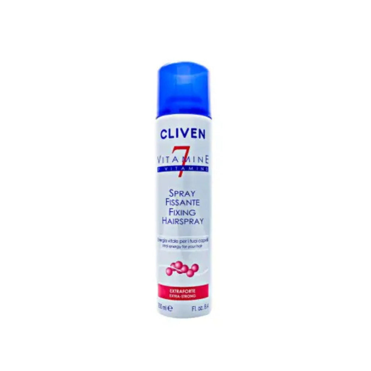 Refect Beauty Cliven extra strength 7 vitamin infused hair spray in a white bottle with a blue cap.