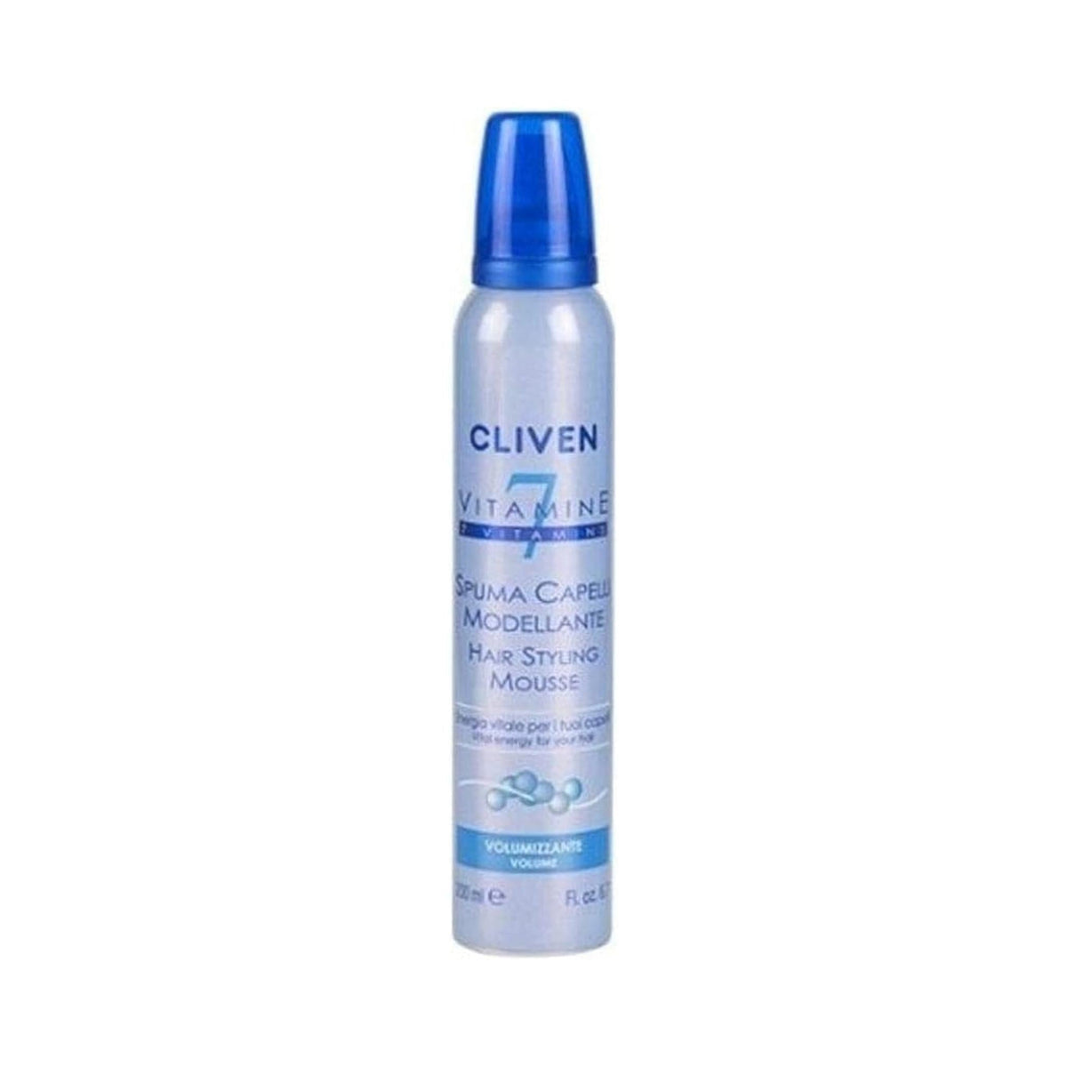 Refect Beauty Cliven 7 Vitamins volume hair styling mousse in a light blue aerosol bottle with a blue cap.