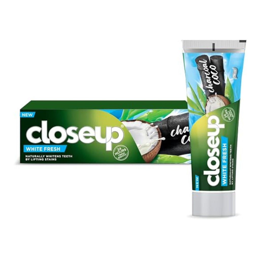 Refect Beauty Closeup Charcoal Coco White Fresh toothpaste tube and box featuring coconut and charcoal imagery.