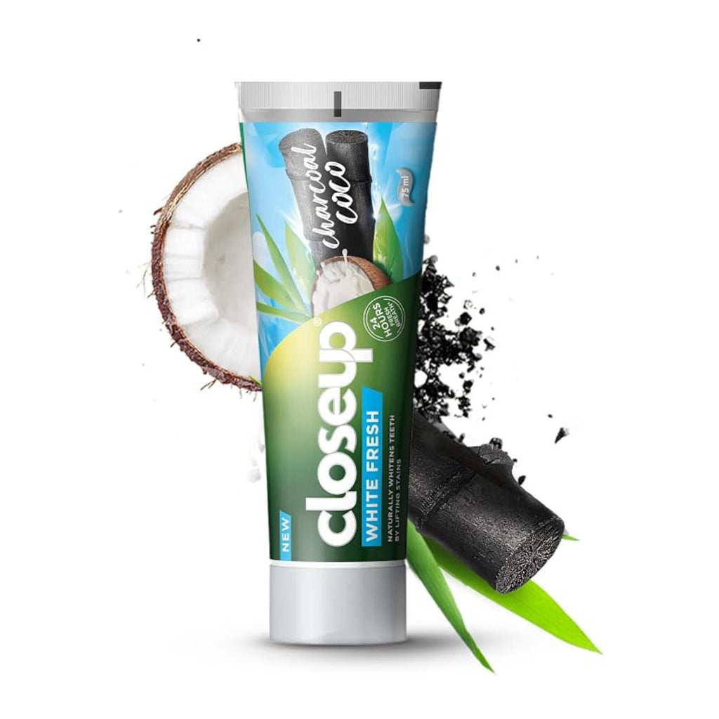 Refect Beauty Closeup Charcoal Coco White Fresh toothpaste tube featuring coconut and charcoal imagery