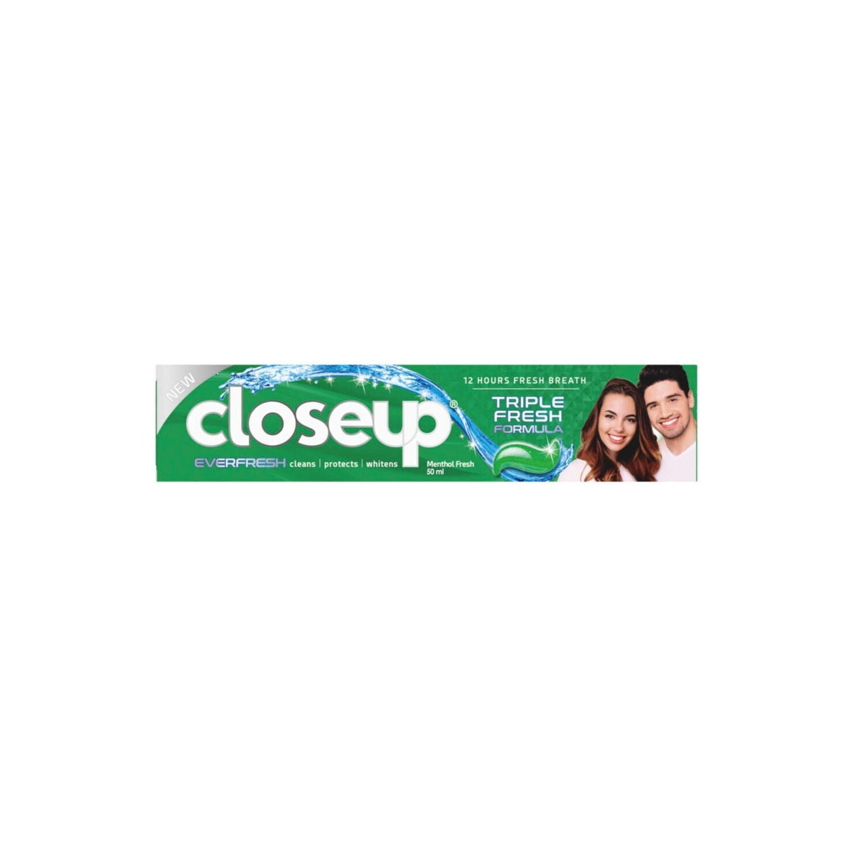 Refect Beauty Close Up Menthol Fresh green gel toothpaste box featuring a smiling couple and triple fresh formula
