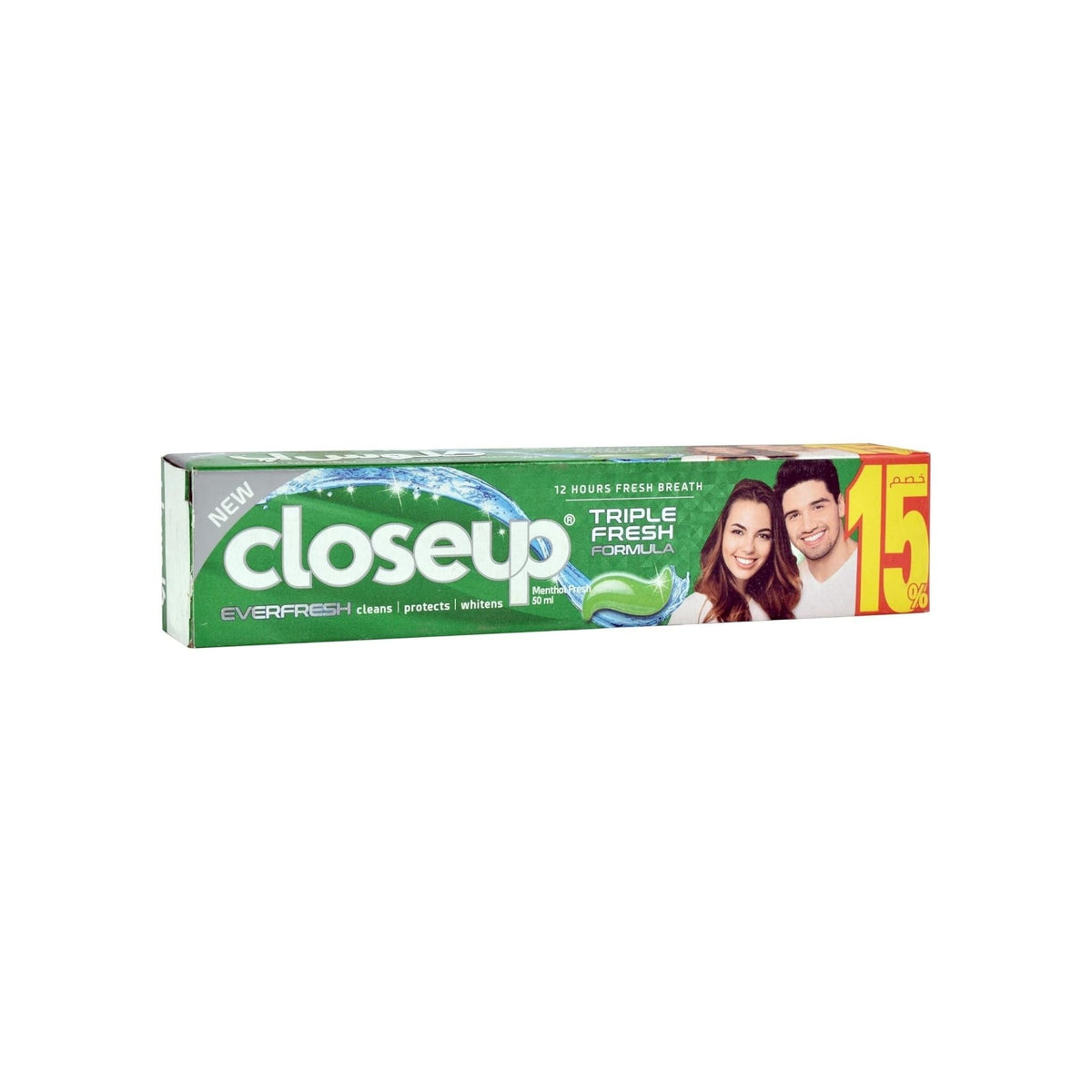 Refect Beauty CloseUp EveryFresh Menthol Fresh toothpaste box with green mint branding and 12-hour freshness claim.